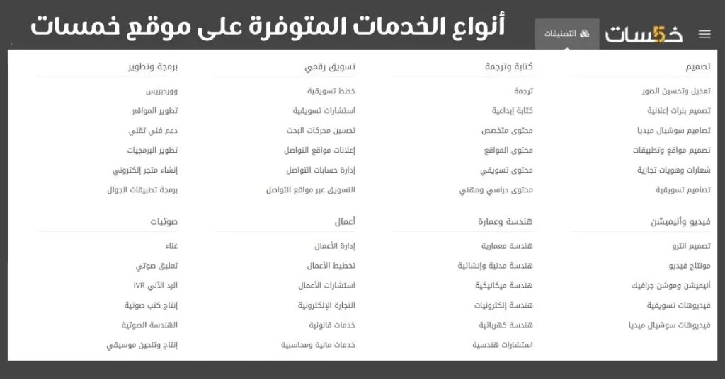 أنواع الخدمات المتوفرة على موقع خمسات